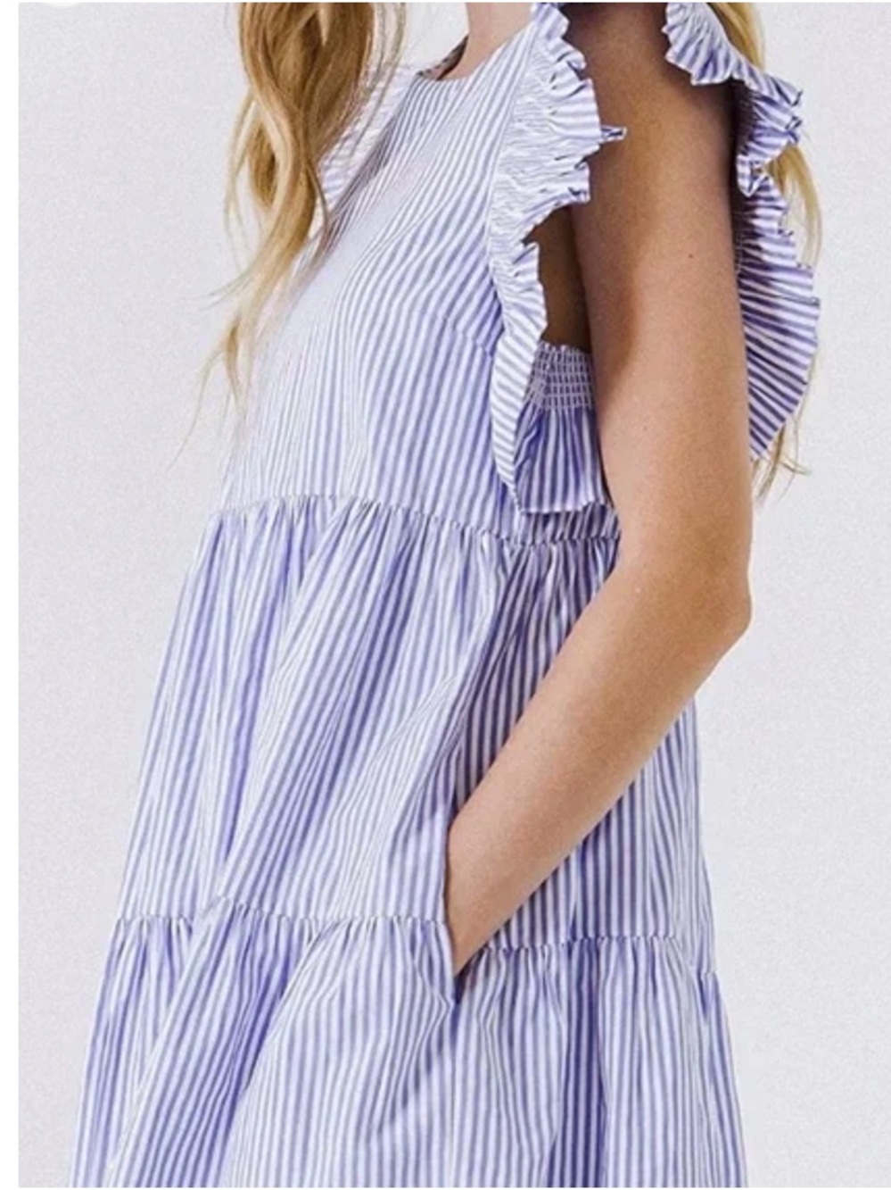 Like New-English Factory Blue & White Striped Ruffle-Sleeve dress